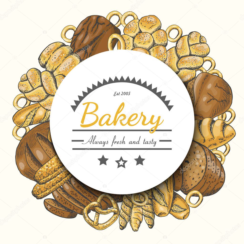 Vector background with bakery products arranged in a circle