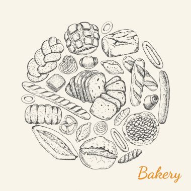 Vektör arka plan ile bir daire içinde düzenlenmiş çeşitli ekmek yapım ürünleri