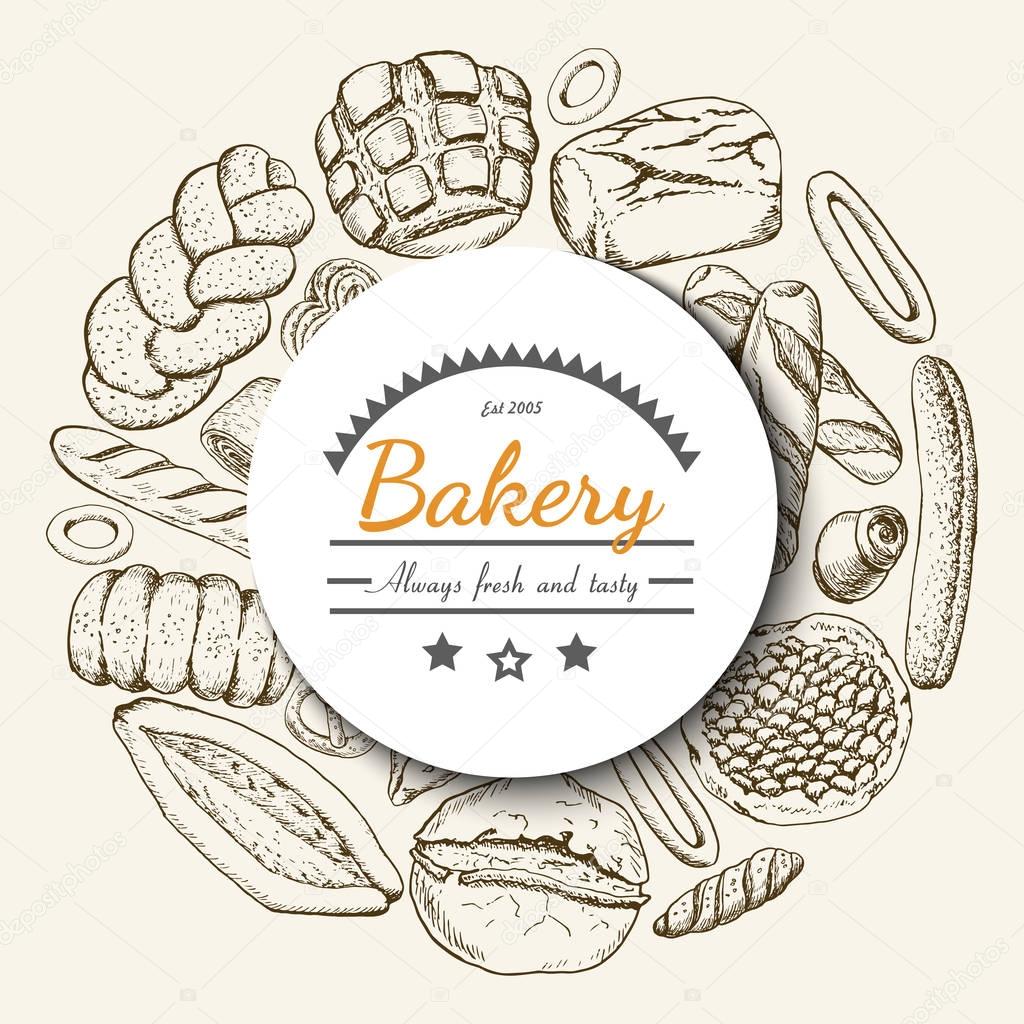 Vector background with various bakery products arranged in a circle