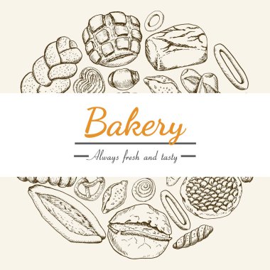 Vektör arka plan ile bir daire içinde düzenlenmiş çeşitli ekmek yapım ürünleri