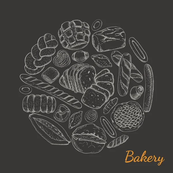 Fond vectoriel avec divers produits de boulangerie disposés en cercle — Image vectorielle