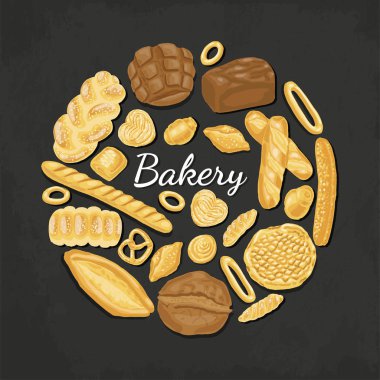 Herkesdaire oluşturacak şekilde düzenlenmiş renkli fırın ürünleri ile vektör arka plan