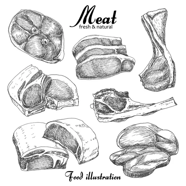Zestaw ręcznie rysowane mięso na białym tle — Zdjęcie stockowe