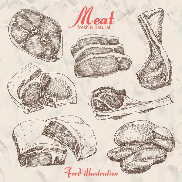 ベージュ色の背景に分離された手描きの肉のセット — ストック写真