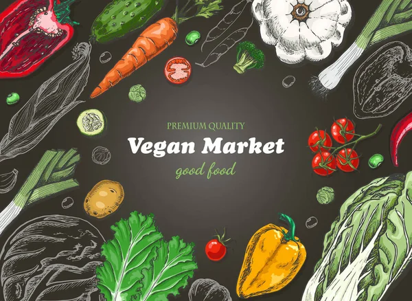 Fondo horizontal con diferentes verduras. Alimentos ecológicos — Vector de stock