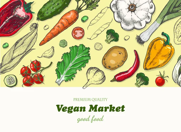 Fondo horizontal con diferentes verduras. Alimentos ecológicos — Vector de stock
