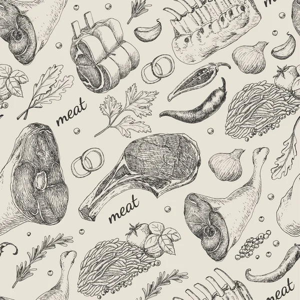 Бесшовный рисунок с различными мясными продуктами — стоковый вектор
