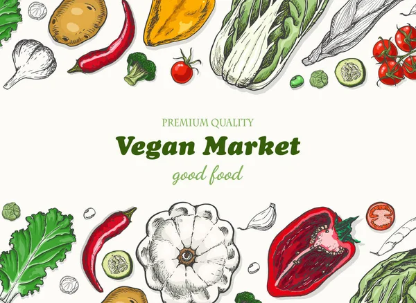 Vízszintes háttér különböző zöldségek. Bioélelmiszerek — Stock Vector