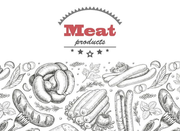 水平无缝背景与肉类产品 — 图库矢量图片