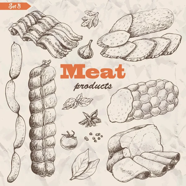 Vector verzameling van geïsoleerde vleesproducten — Stockvector