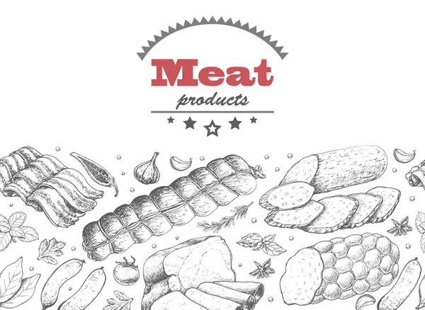 Horizontaler Hintergrund mit Fleischprodukten — Stockvektor