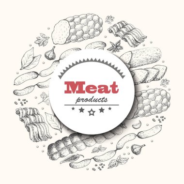 Herkesdaire oluşturacak şekilde düzenlenmiş et ürünleri ile vektör arka plan