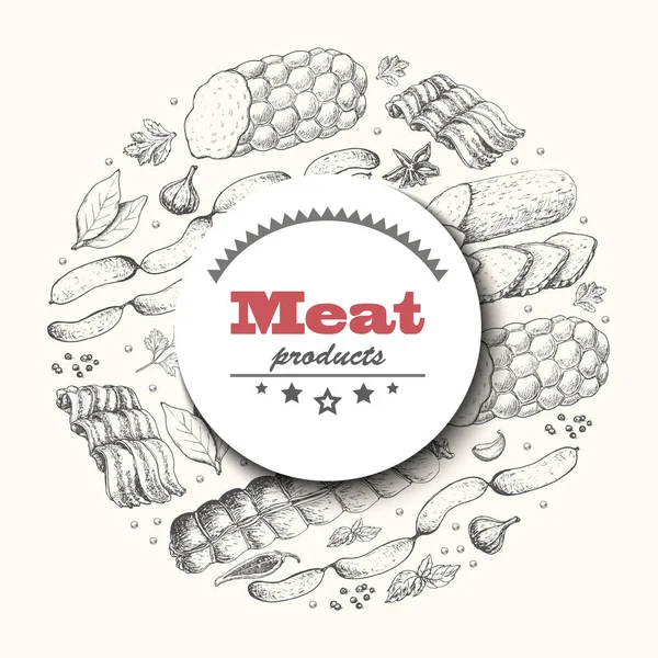 Sfondo vettoriale con prodotti a base di carne disposti in cerchio — Vettoriale Stock