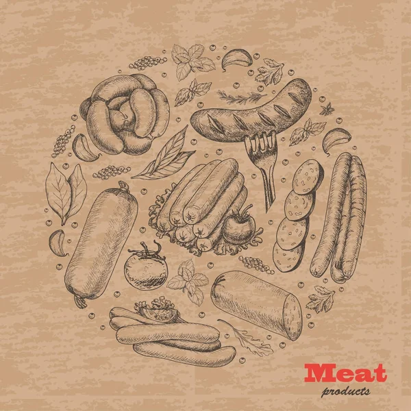 円形に配置の肉製品のベクトルの背景 — ストックベクタ
