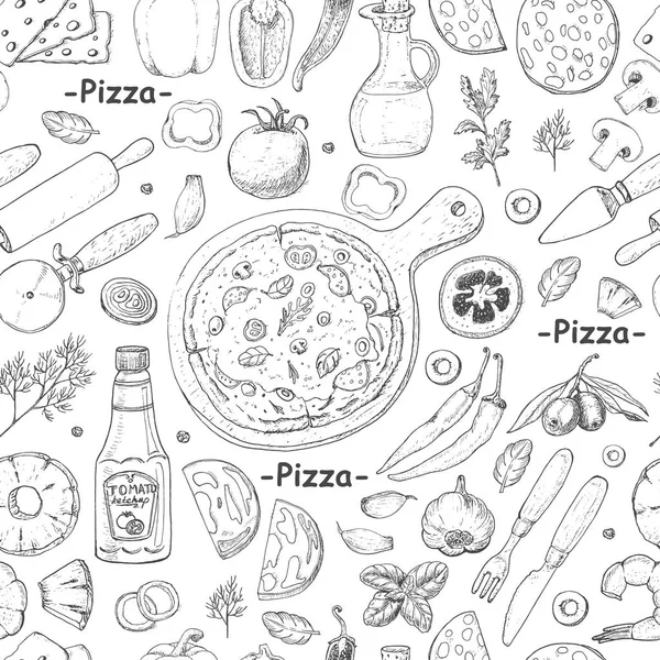 Бесшовный узор с пиццей и различными продуктами — стоковый вектор