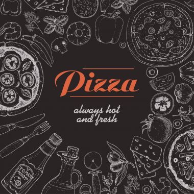 Pizza ve çeşitli ürünleri ile vektör arka plan