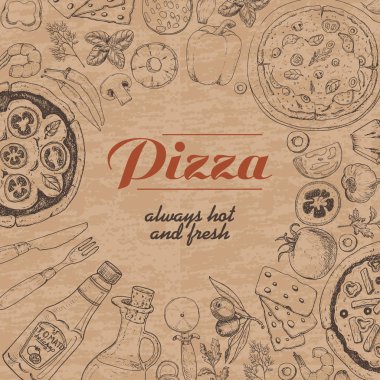 Pizza ve çeşitli ürünleri ile vektör arka plan