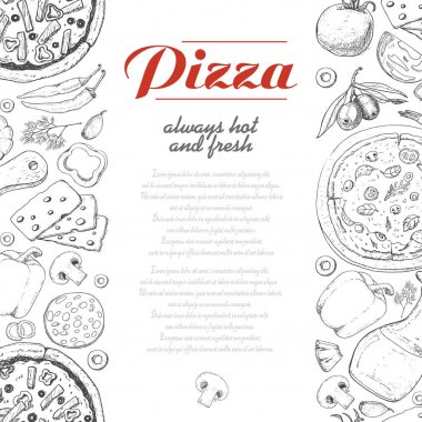 Pizza ve çeşitli ürünleri ile dikey arka plan