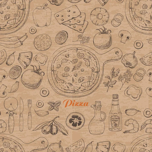 Patrón sin costuras con pizza y varios productos — Archivo Imágenes Vectoriales