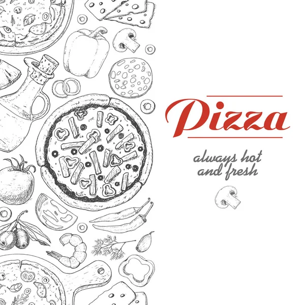 Fondo vertical con pizza y varios productos — Vector de stock