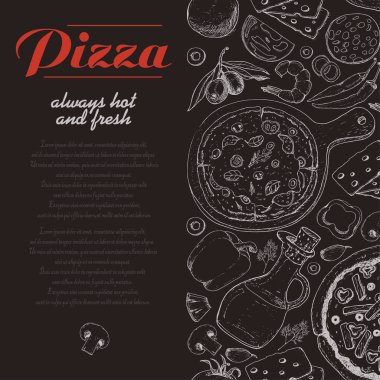 Pizza ve çeşitli ürünleri ile dikey arka plan