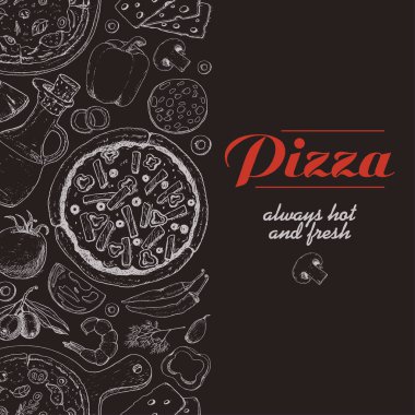 Pizza ve çeşitli ürünleri ile dikey arka plan