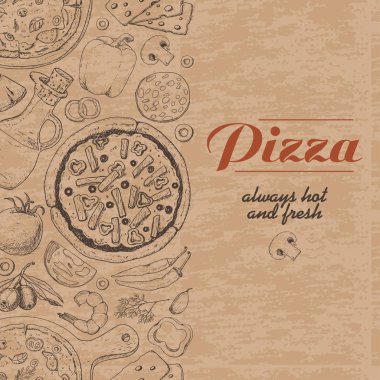 Pizza ve çeşitli ürünleri ile dikey arka plan