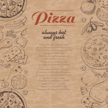 Pizza ve çeşitli ürünleri ile dikey arka plan