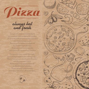 Pizza ve çeşitli ürünleri ile dikey arka plan