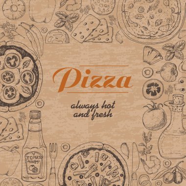 Pizza ve çeşitli ürünleri ile vektör arka plan