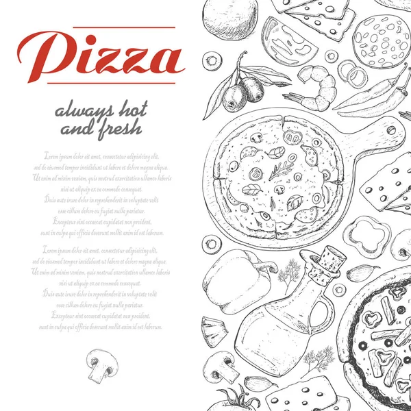 Verticale achtergrond met pizza en diverse producten — Stockvector