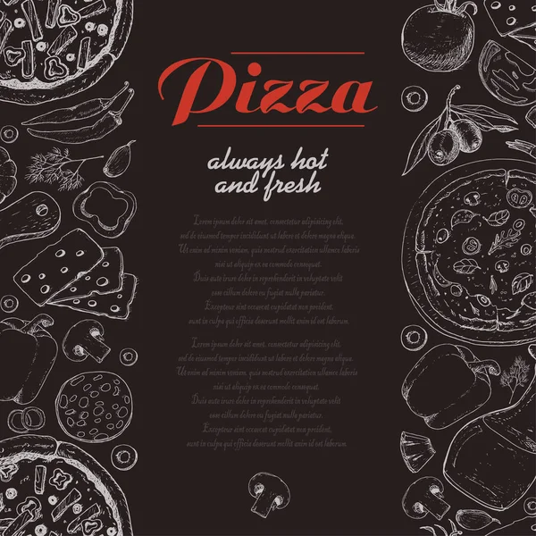 Fundo vertical com pizza e vários produtos — Vetor de Stock