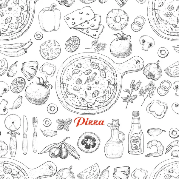 Modèle sans couture avec pizza et divers produits — Image vectorielle