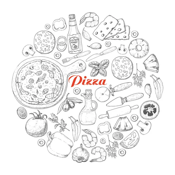 Пицца и различные продукты в круглом — стоковый вектор