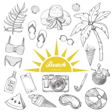 Doodle elle çizilmiş nesneler üzerinde beyaz izole yaz ayarla