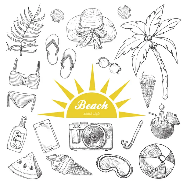 Conjunto de verano de objetos dibujados a mano garabatos aislados en blanco — Vector de stock