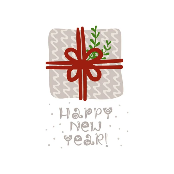 Tarjeta de felicitación navideña con regalo y letras . — Vector de stock