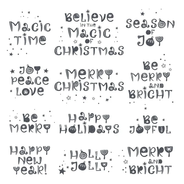 Navidad saludos negro letras conjunto en estilo escandinavo . — Archivo Imágenes Vectoriales