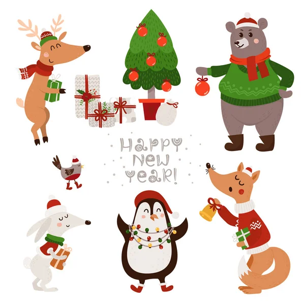 Set de Navidad con animales de bosque lindos aislados — Vector de stock