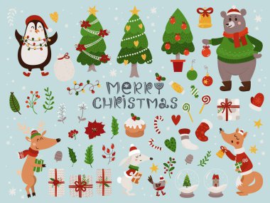 İzole edilmiş orman hayvanları ve farklı nesnelerle dolu Noel seti.