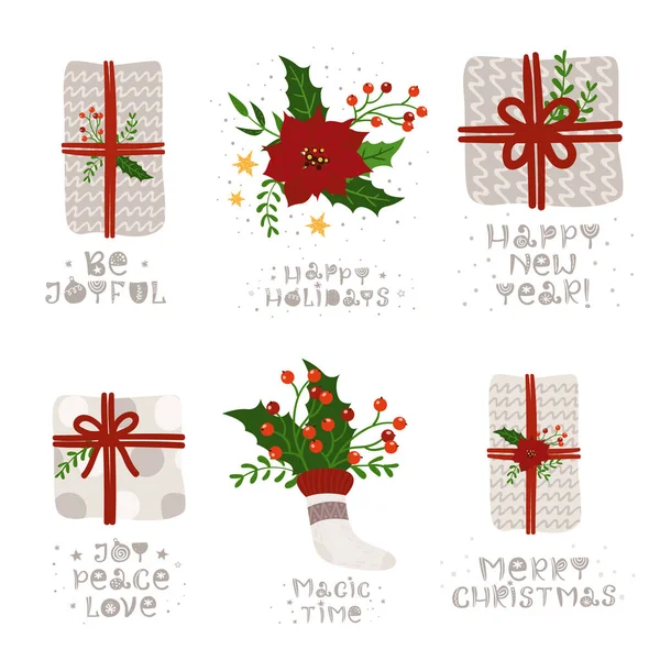 プレゼントやレタリング付きグリーティングカードのクリスマスセット. — ストックベクタ