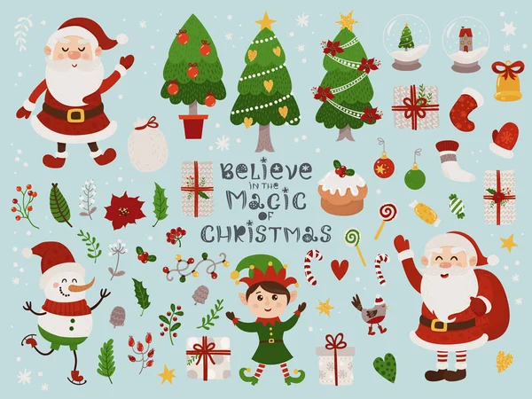 Zestaw świąteczny z odizolowanym cute gnome, Święty Mikołaj i różne przedmioty — Wektor stockowy