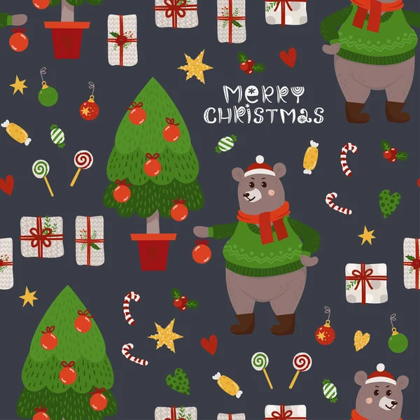 有熊和圣诞树的圣诞无缝图案 — 图库矢量图片