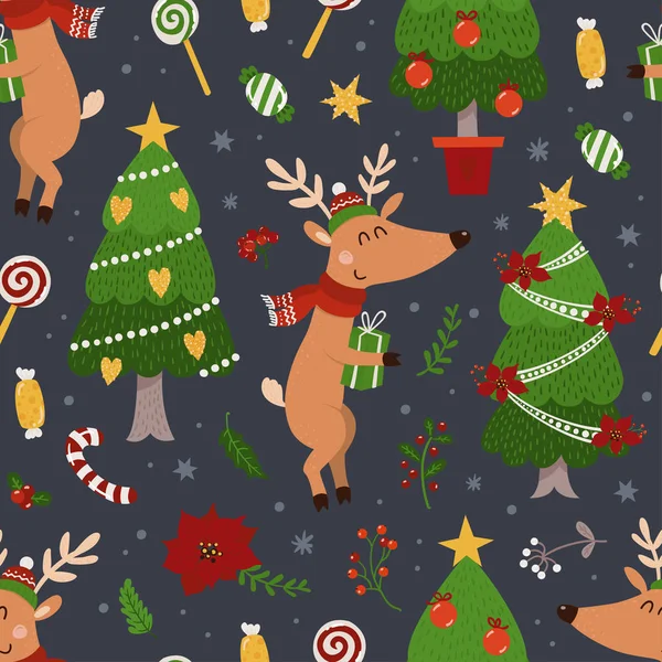 Modèle sans couture de Noël avec cerfs et arbre de Noël — Image vectorielle