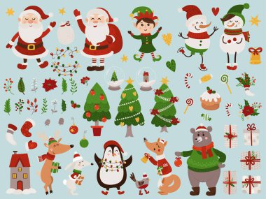 İnzivaya çekilmiş şirin orman hayvanları, cüceler, Noel Baba ve farklı eşyalarla dolu büyük bir Noel seti.