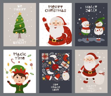 Noel Baba, Elf ve Noel ağacıyla Noel kartları..