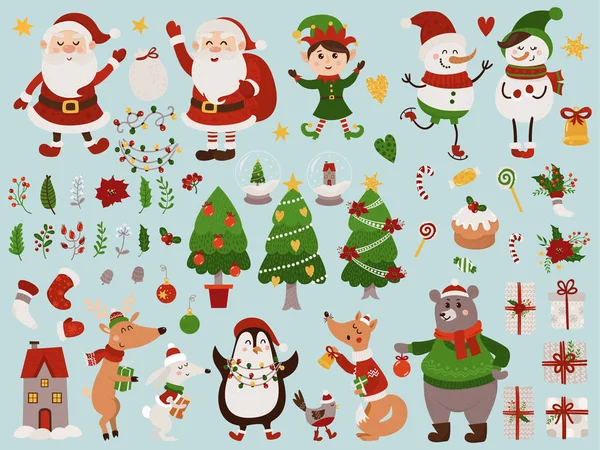 İnzivaya çekilmiş şirin orman hayvanları, cüceler, Noel Baba ve farklı eşyalarla dolu büyük bir Noel seti.