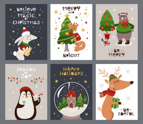 一套有森林动物和圣诞树的圣诞卡. — 图库矢量图片