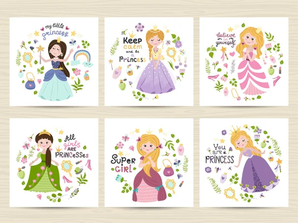 Set of cards with cute princesses — Stock Vector