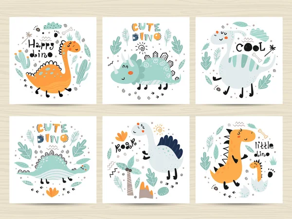 Set di poster con simpatici dinosauri e scritte . — Vettoriale Stock